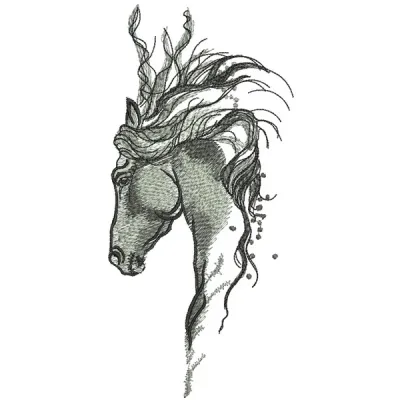 Pensive horse embroidery design showcasing a detailed stitched motif of a thoughtful horse in a serene pose.