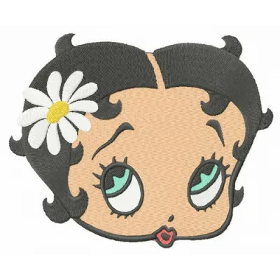 Embroidery design featuring Betty Boop surrounded by chamomile flowers, perfect for creative stitching projects.