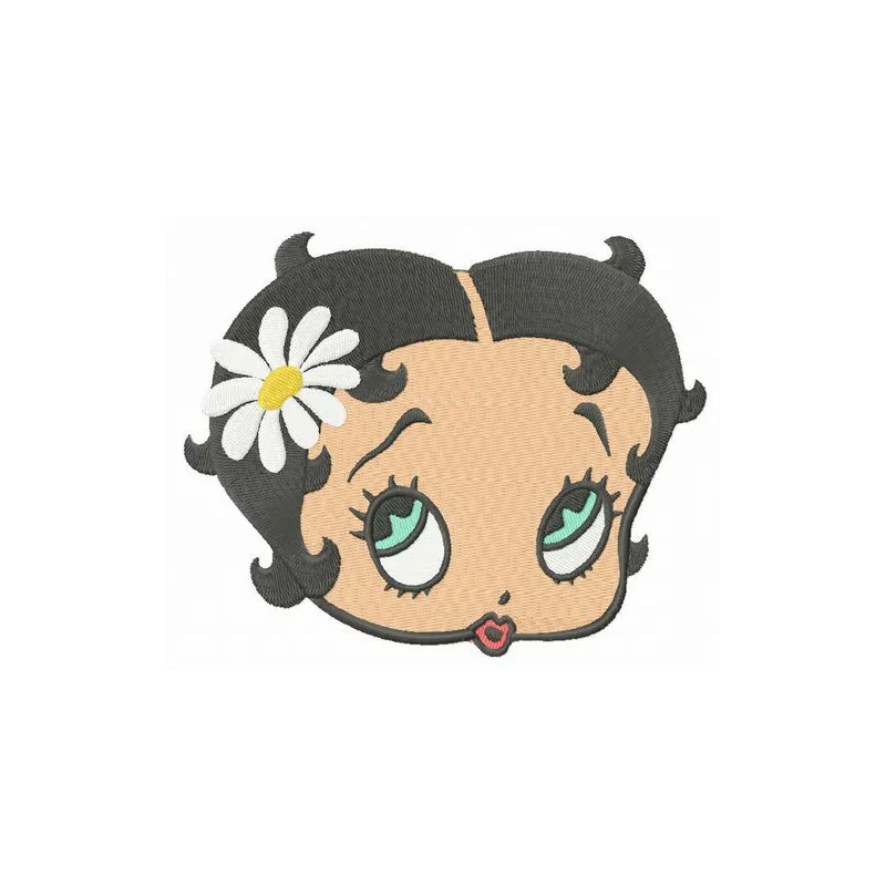 Embroidery design featuring Betty Boop surrounded by chamomile flowers, perfect for creative stitching projects.
