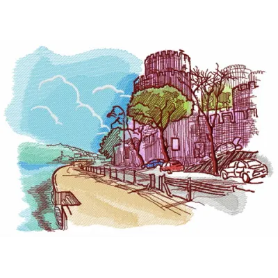 Embroidery design featuring a scenic castle near the sea, ideal for travel-themed projects and home decor.