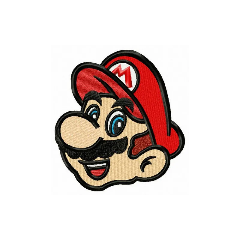 Mario face embroidery design showcasing vibrant stitching patterns for crafting on t-shirts, hoodies, or tote bags.