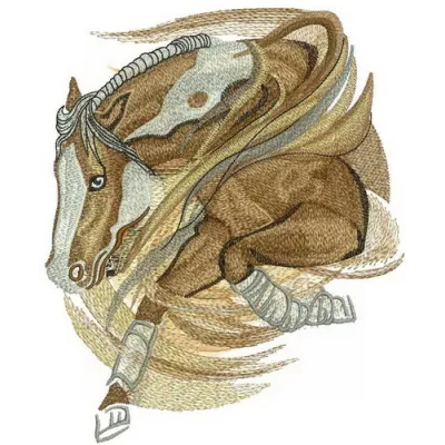 Preview of a horse running embroidery design, showcasing intricate stitching details for creative projects.