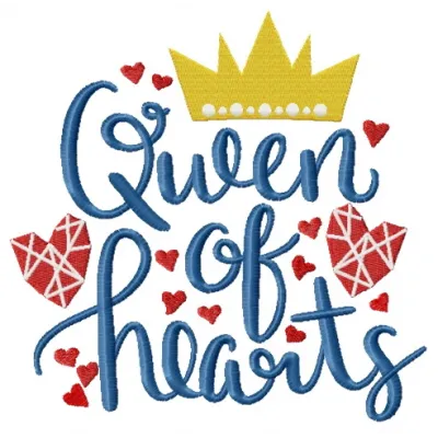 Preview of the Queen of Hearts embroidery design featuring a romantic love quote, ideal for various stitching projects.