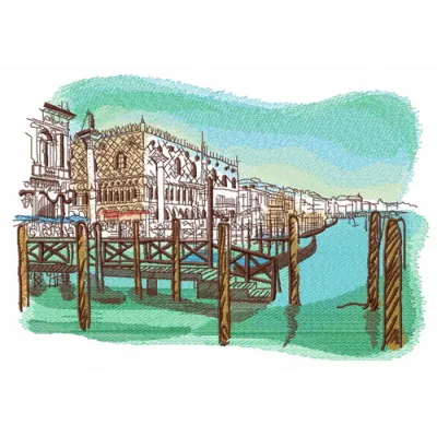 Preview of the Pier embroidery design showcasing a scenic travel motif, perfect for stitching on various fabric items.