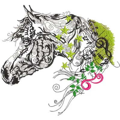 Preview of the Melody horse embroidery design featuring a beautifully stitched horse motif for creative projects.
