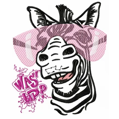 Zebra embroidery design featuring a playful zebra wearing pink glasses, perfect for creative stitching projects.