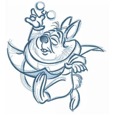 Embroidery design featuring the White Rabbit from Alice in Wonderland, searching for lost glasses, perfect for whimsical pro…