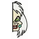 Embroidery design of Cruella de Vil hiding, showcasing intricate details for creative stitching projects.