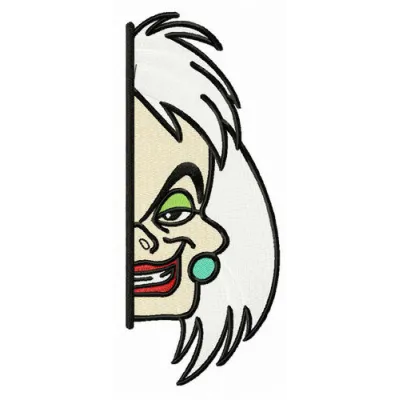 Embroidery design of Cruella de Vil hiding, showcasing intricate details for creative stitching projects.