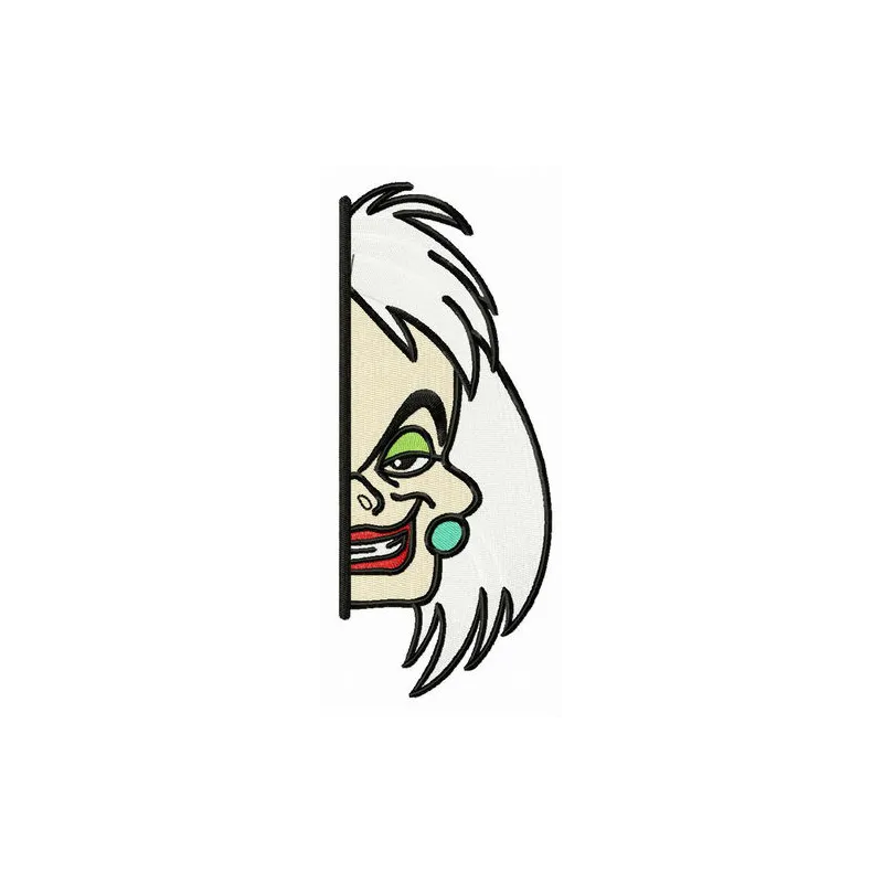 Embroidery design of Cruella de Vil hiding, showcasing intricate details for creative stitching projects.