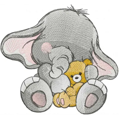 Embroidery design featuring an elephant with a teddy bear, perfect for baby items and children's apparel.
