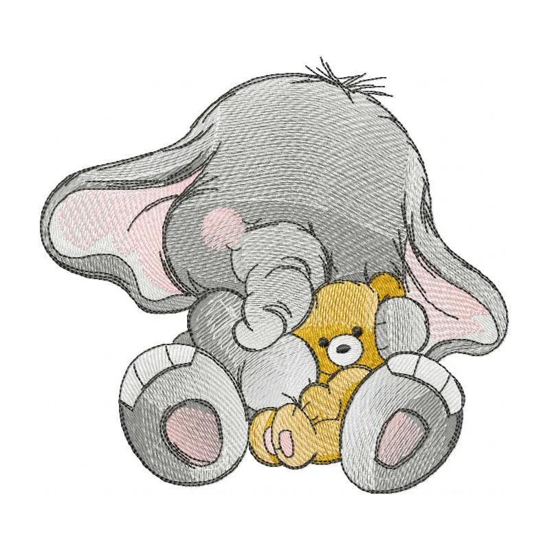 Embroidery design featuring an elephant with a teddy bear, perfect for baby items and children's apparel.