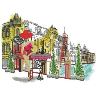 Posh girl in summer cafe embroidery design - Embroidery Design