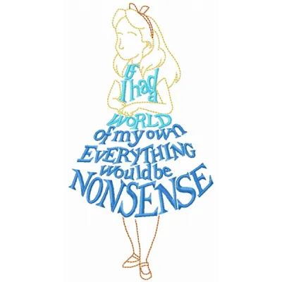 Preview of Alice phrase dress embroidery design featuring whimsical text inspired by Alice in Wonderland.