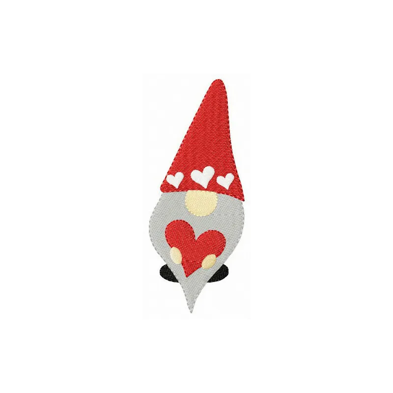 Gnome holding a Valentine card embroidery design, showcasing a whimsical stitched motif for creative projects.