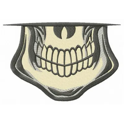 Male skull smile embroidery design showcased on a mask, featuring intricate stitching details and vibrant patterns.