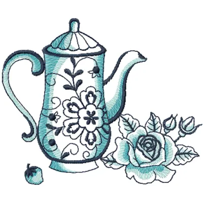 Vintage teapot embroidery design showcasing intricate details, perfect for kitchen-themed projects.