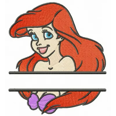 Young Ariel monogram embroidery design featuring a whimsical underwater theme, perfect for baby onesies and tote bags.
