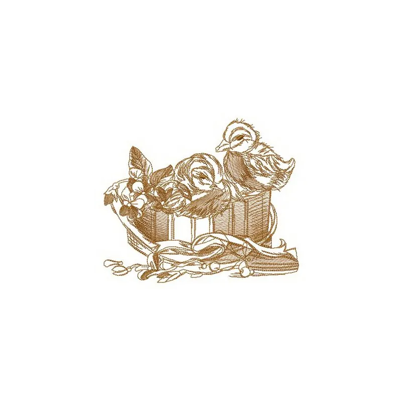 Embroidery design featuring two adorable ducklings nestled in a box, perfect for farm-themed projects.