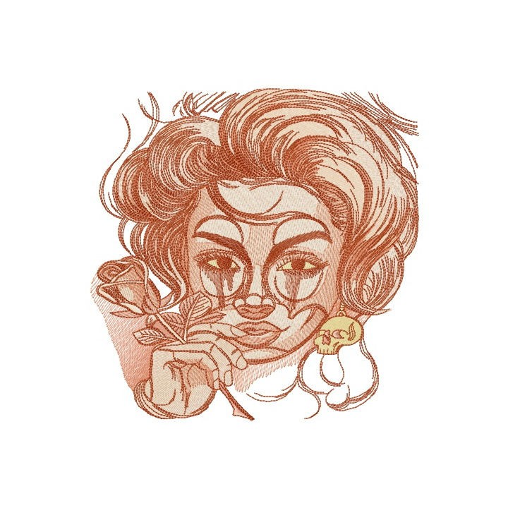 Crying lady with rose embroidery design - Embroidery Design