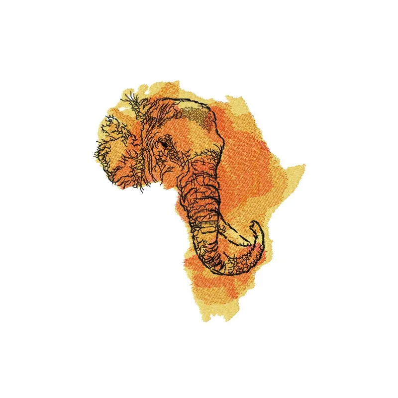 African elephant map embroidery design showcasing a detailed stitching pattern inspired by the continent of Africa.