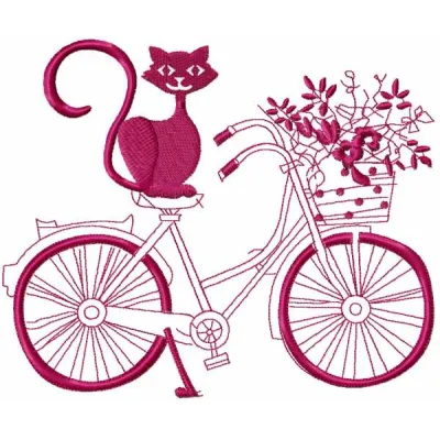 Cat and bicycle embroidery design featuring a playful cat riding a bicycle, perfect for travel-themed projects.
