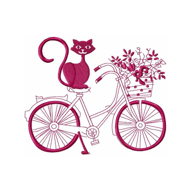 Cat and bicycle embroidery design featuring a playful cat riding a bicycle, perfect for travel-themed projects.
