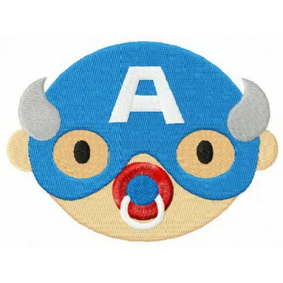 Embroidery design of Captain America holding a dummy, showcasing a playful stitched motif for creative projects.