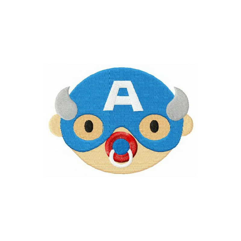 Embroidery design of Captain America holding a dummy, showcasing a playful stitched motif for creative projects.