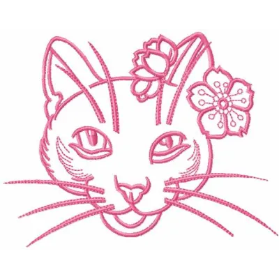 Preview of a pink flower cat embroidery design featuring a whimsical feline surrounded by floral motifs.