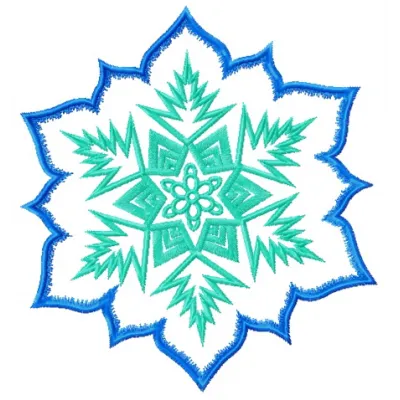 Preview of a blue and green snowflake embroidery design, showcasing intricate stitching patterns for doilies.