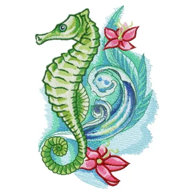 Preview of a sea horse with flowers embroidery design, showcasing intricate stitching patterns for creative projects.