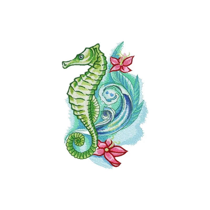 Preview of a sea horse with flowers embroidery design, showcasing intricate stitching patterns for creative projects.