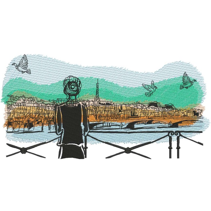 Watching pigeons in Paris embroidery design - Embroidery Design