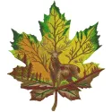 Horned deer on a maple leaf embroidery design showcasing woodland animals in intricate stitching patterns.