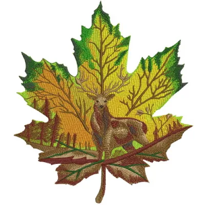 Horned deer on a maple leaf embroidery design showcasing woodland animals in intricate stitching patterns.