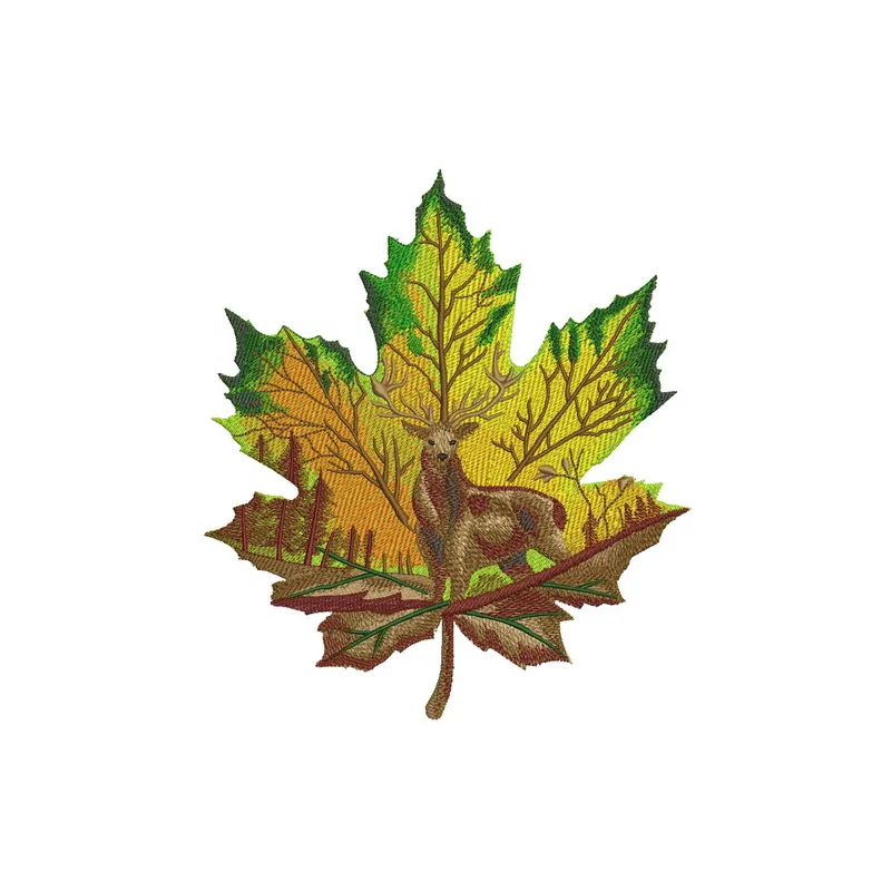 Horned deer on a maple leaf embroidery design showcasing woodland animals in intricate stitching patterns.