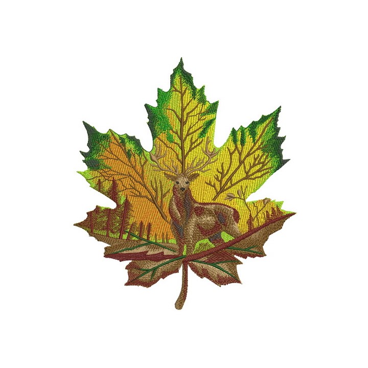Horned deer on maple leaf embroidery design - Embroidery Design