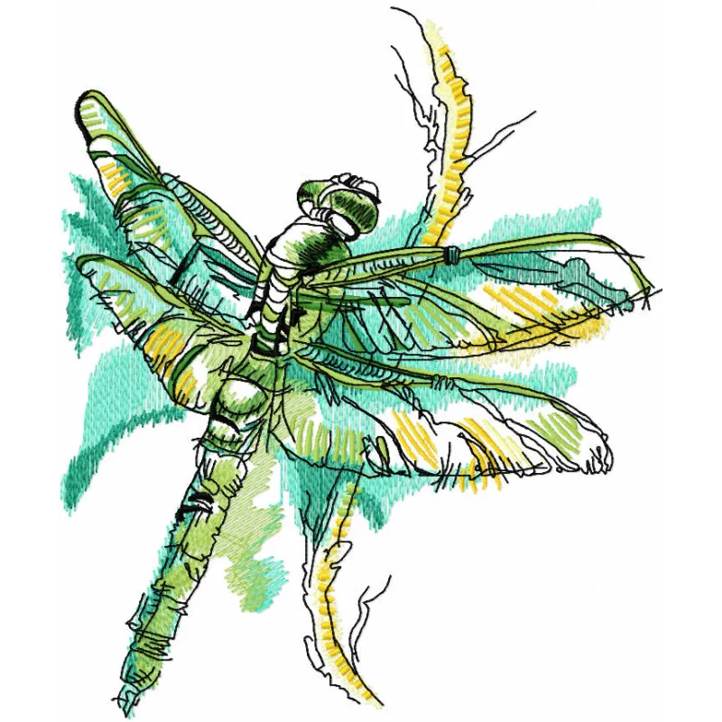 Dragonfly on bush branch embroidery design preview showcasing intricate stitching details and vibrant motifs.