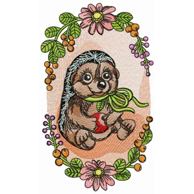 Embroidery design of a hedgehog framed by flowers, ideal for stitching on t-shirts and tote bags.