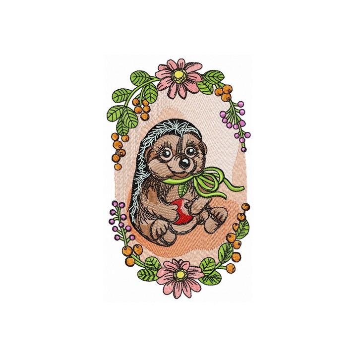Hedgehog in flower frame embroidery design - Embroidery Design