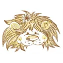 Kind lion muzzle embroidery design showcasing a friendly lion face, ideal for embellishing t-shirts and baby onesies.