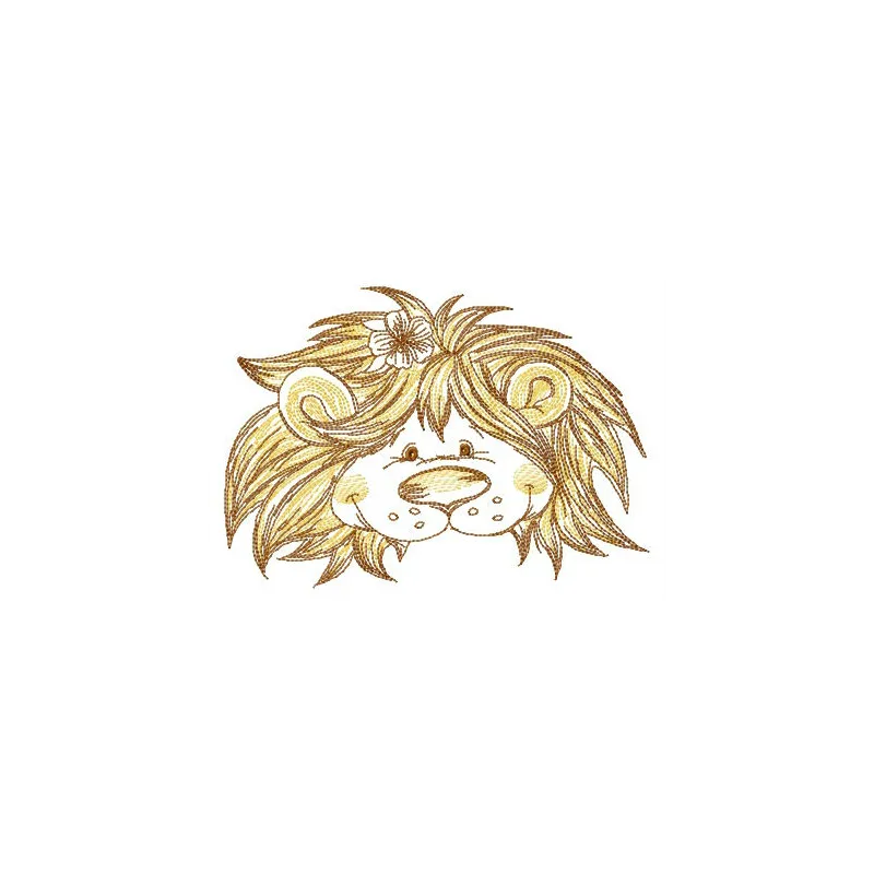 Kind lion muzzle embroidery design showcasing a friendly lion face, ideal for embellishing t-shirts and baby onesies.