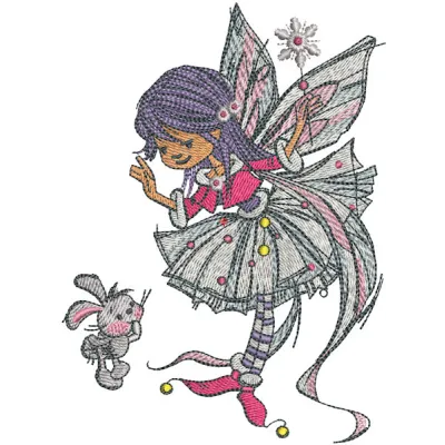 Embroidery design featuring a young fairy with a bunny, perfect for stitching on children's items.
