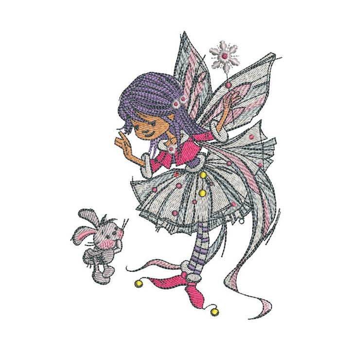 Embroidery design featuring a young fairy with a bunny, perfect for stitching on children's items.