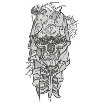 Bride's skeleton embroidery design featuring a creative skull and bones motif, ideal for unique wedding projects.