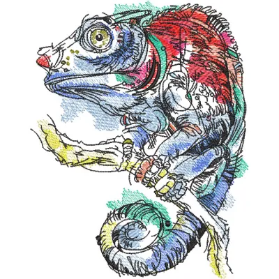 Lizard on tree branch embroidery design featuring vibrant colors, perfect for nature-themed projects.