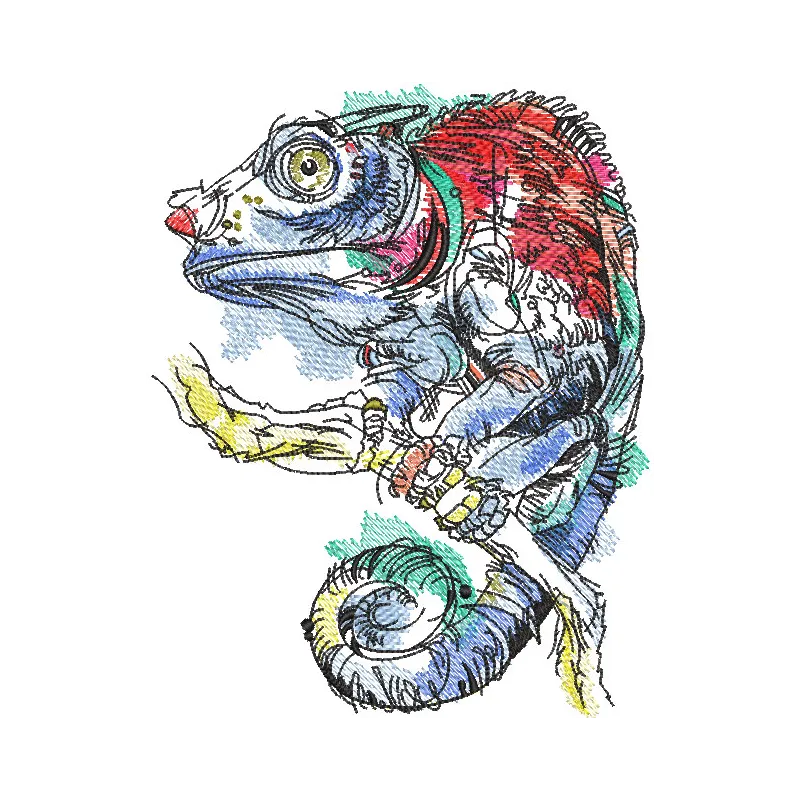 Lizard on tree branch embroidery design featuring vibrant colors, perfect for nature-themed projects.