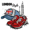 London style cap and sneakers embroidery design showcasing detailed stitching patterns for apparel and accessories.