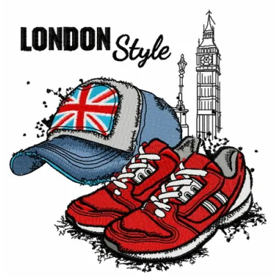 London style cap and sneakers embroidery design showcasing detailed stitching patterns for apparel and accessories.